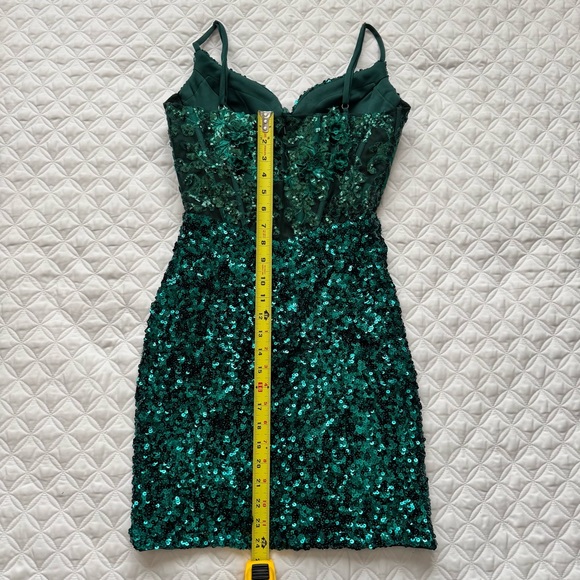 STACEES Dark Green Floral Sheer Corset Sequin Mini Spaghetti Strap Dress Sz 2 - Picture 14 of 16
